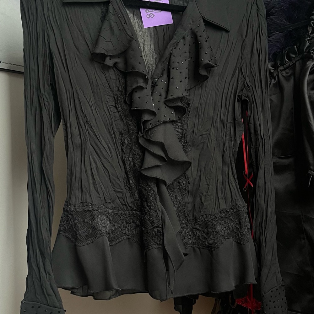 2000s goth sheer lace bead chiffon top